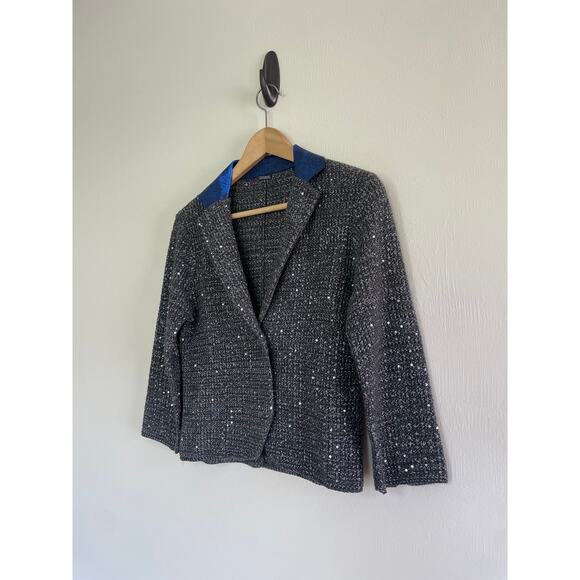 ELIE TAHARI gray silver lurex knit blue leather collar sweater Visna jacket - Picture 4 of 11